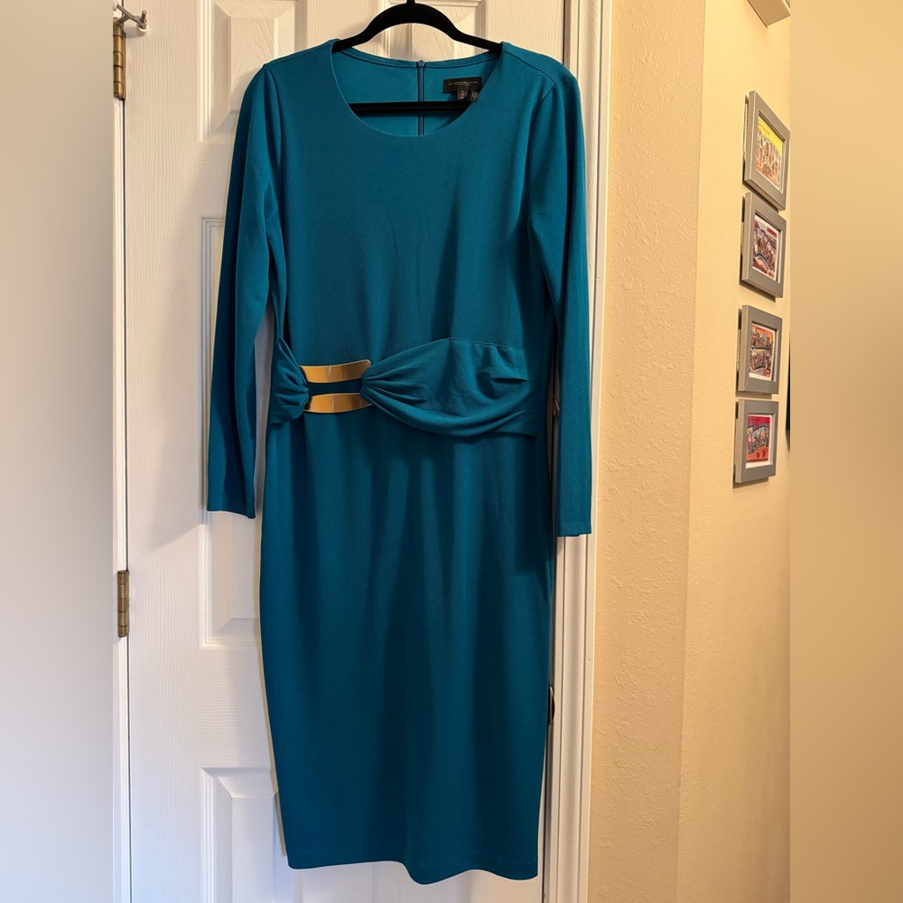 Like New Donna Karan Teal Long Midi Dress with Gold Waist Detail - Size Medium - Picture 3 of 5